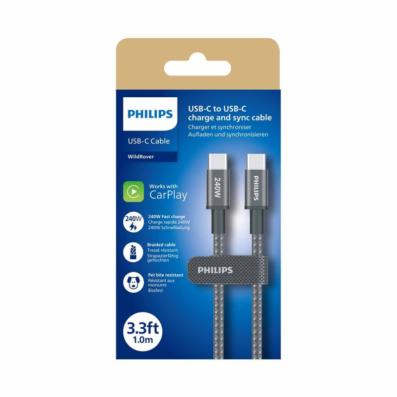 PHILIPS Sync & Charge Cable C To C - 1 Meter Max 5a (240w) Black Braided 480 Mbps DLC7030C/00-image 4