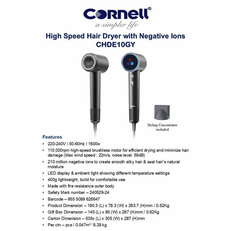 CORNELL High Speed Hair Dryer With Negative Ions - Grey CHDE10GY-image 7