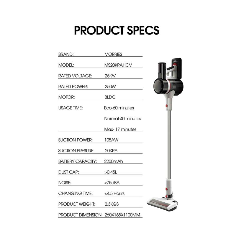 MORRIES 2 In 1 Cordless Stick Vacuum Cleaner (250w) MS-20KPAHCV-image 7