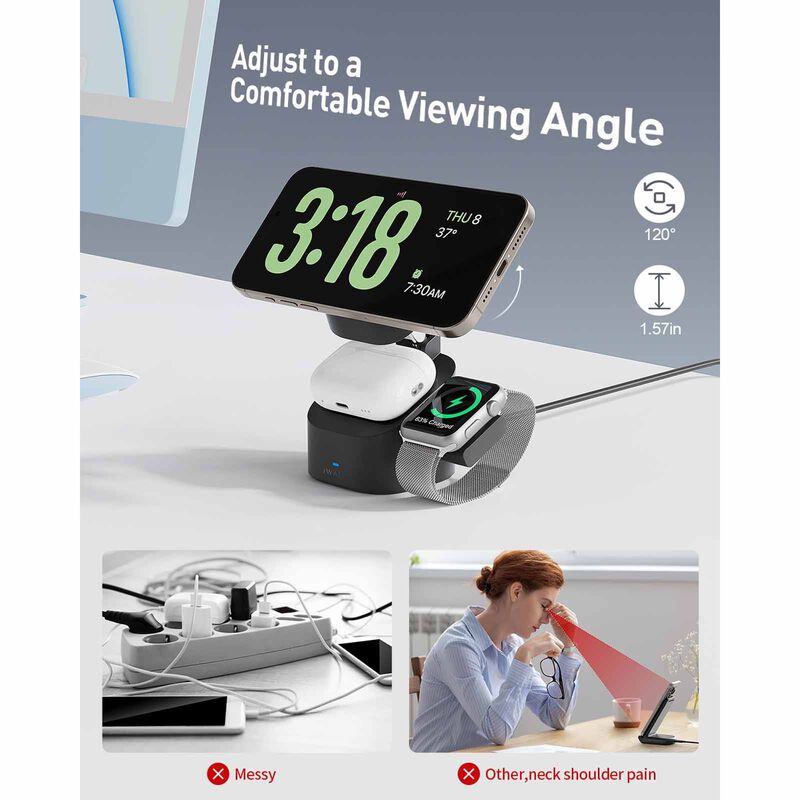 IWALK Standme Power 3-in-1 Wireless Charger Black For Iphone/watch/airpods MXS007-001A-image 4
