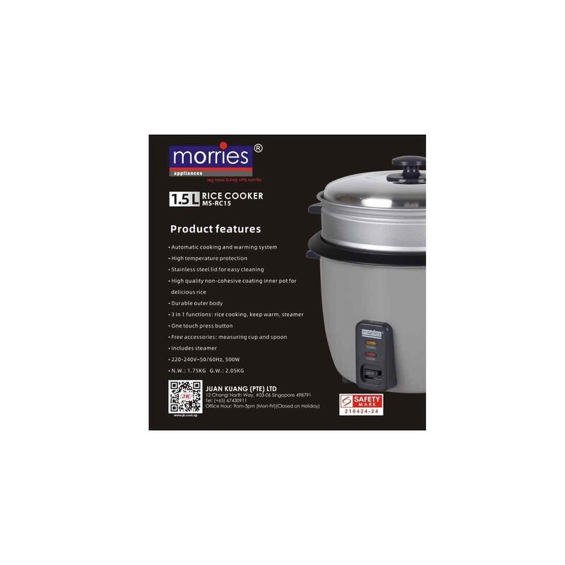 MORRIES Rice Cooker With Steamer (1.5l) MS-RC15-image 4