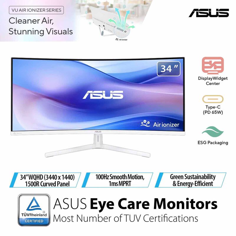 ASUS 34in Eyecare Uwqhd 100hz Gaming Monitor White VU34WCIP-W-image 1