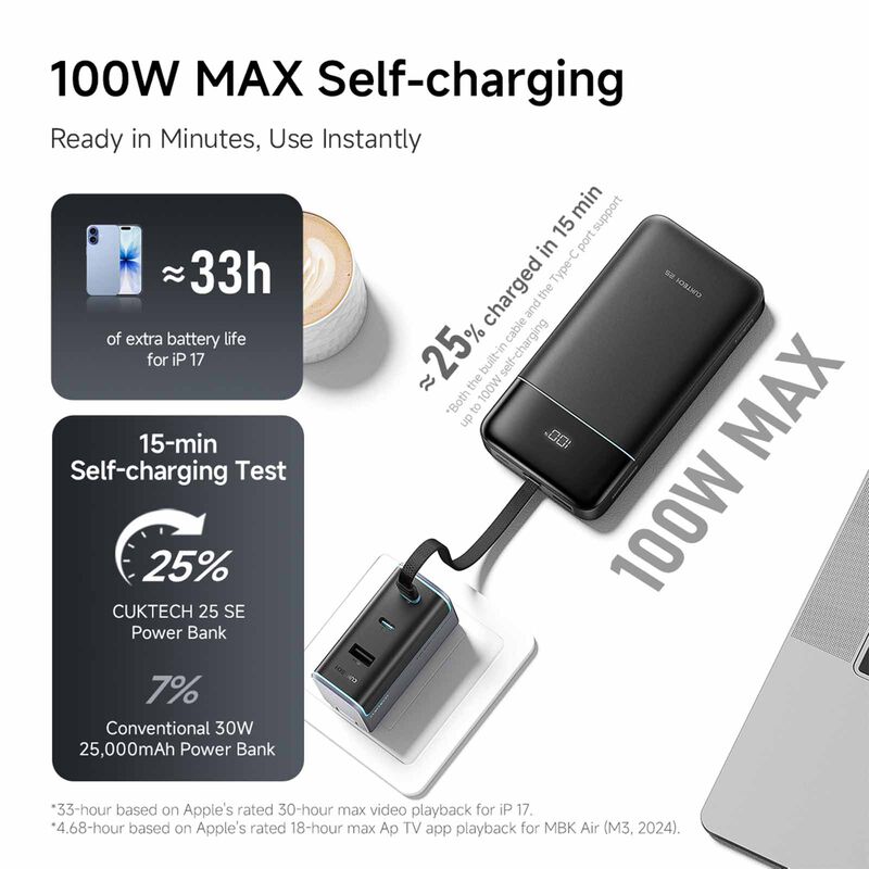 CUKTECH Powerbank 25000mah Pd 120w C Cable - Black CUKL252NCHBL-image 8