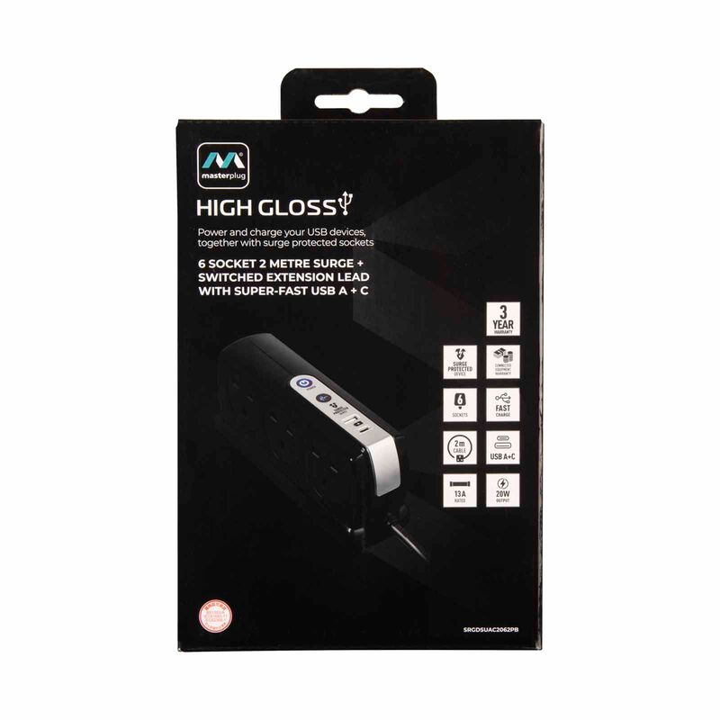 MASTERPLUG 6 Socket 2m Surge+switched Extension W Usb A+c SRGDSUAC2062PB-image 3