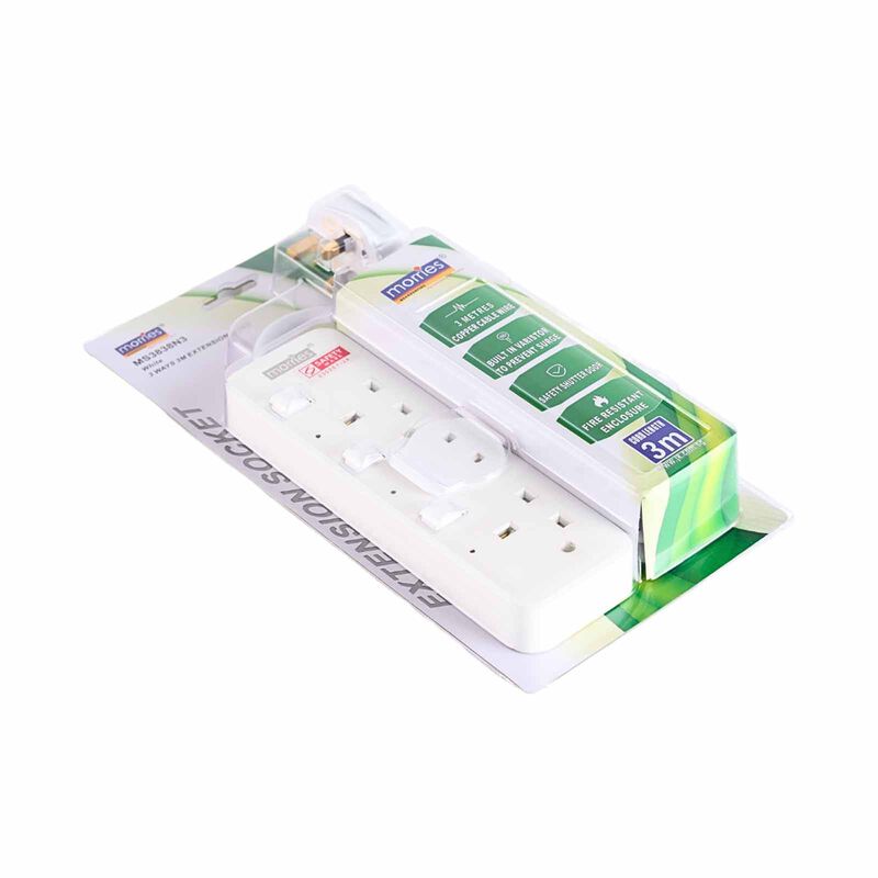 MORRIES 3 Way 3m Extension Cord With Surge Protector White MS-3838N3/3M/WH-image 2