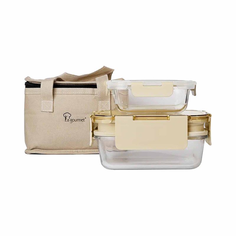 LA GOURMET Pureglass 2pcs Container Set With Pouch (1700+370ml) - Milktea LGPS438621-image null