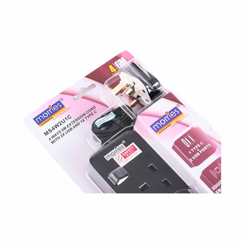 MORRIES 4 Way 6m Extension Cord (2 Usb And 1 Type C) Black MS-4W2U1C/6M/BK-image 3