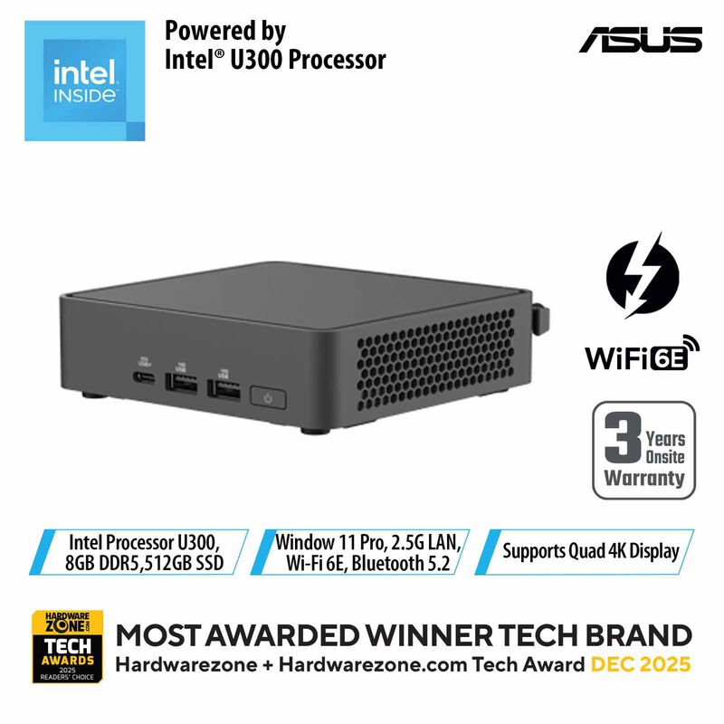 ASUS Nuc 15 Lite U300 8gb 512gb Ssd Win 11 Pro Intel Uhd Graphics Black BNUC15CRLIP053C2-image 1