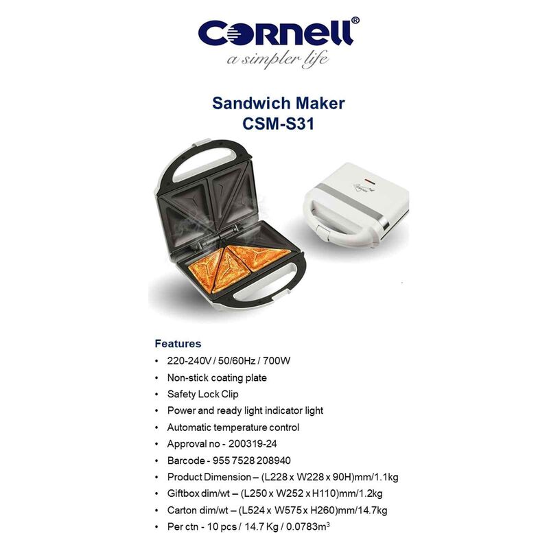 CORNELL Sandwich Maker - White CSMS31-image 4