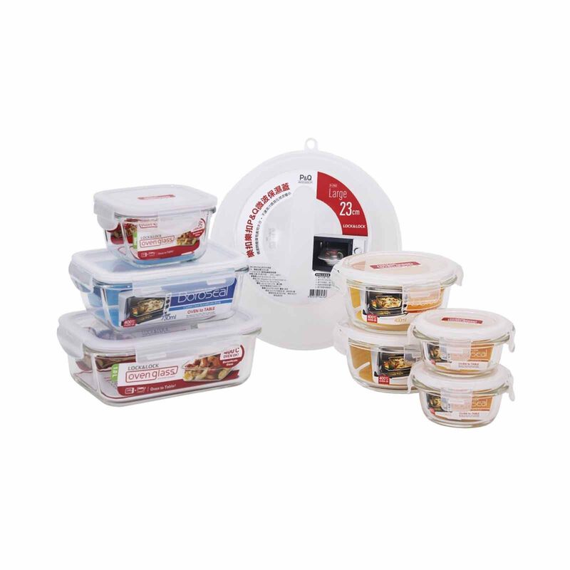 LOCKNLOCK 7p Airtight Glass Food Container + Microwave Cover 1p LLG-445SP8-02-image null