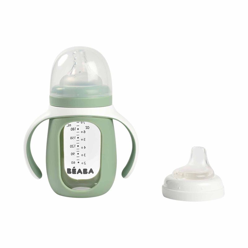 BEABA With Silicone Protective Sleeve 210ml - Sage Green/cotton (online) GLASS BOTTLE-image 1