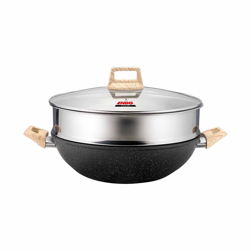 ENDO Ganseki 32cm I.h. Die Cast Chef Wok + Steamer E-GSK-32W+S-image 3