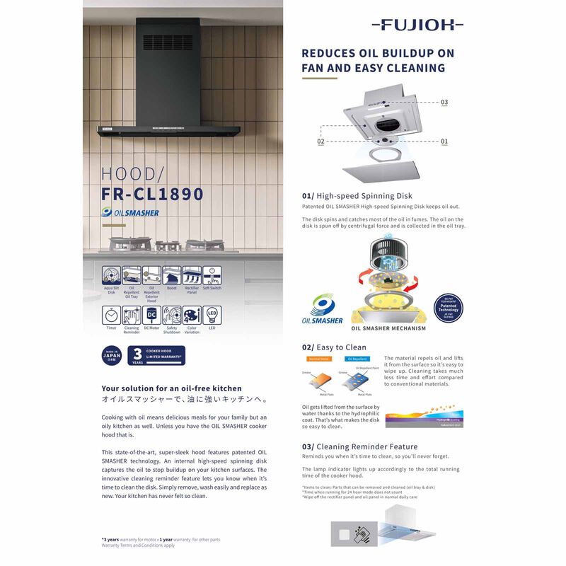 FUJIOH 90cm Made In Japan Patented Oil Smasher Chimney Hood - Silver Metallic (exclude Installation) FR-CL1890 V SV-image 3