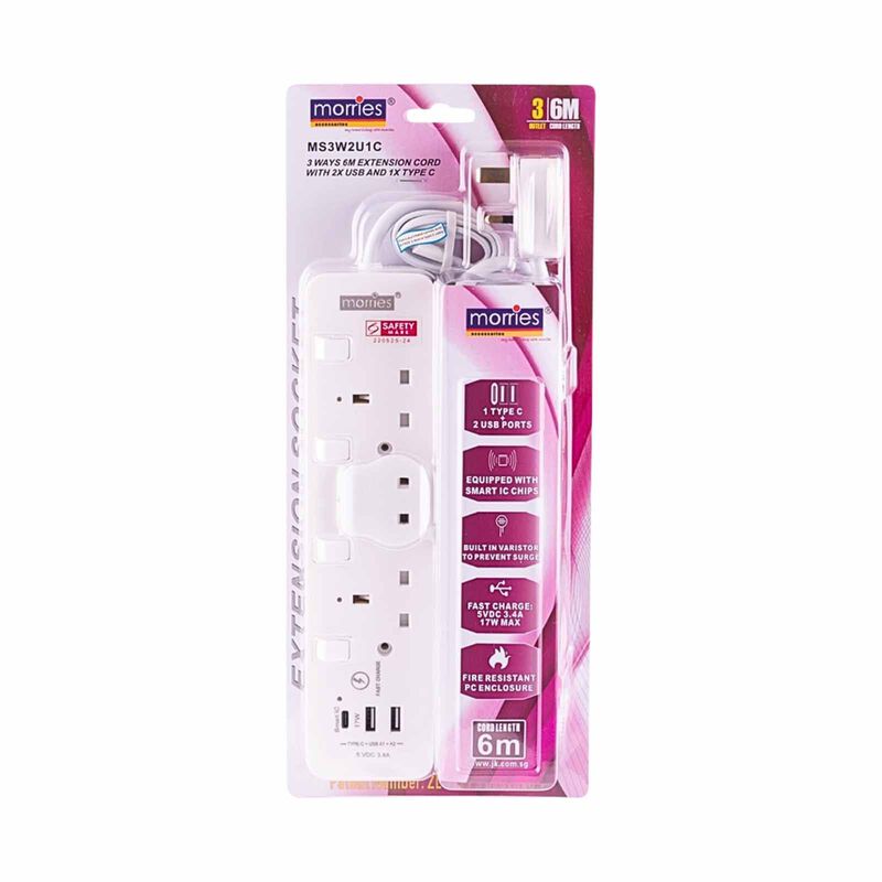 MORRIES 3 Way 6m Extension Cord (2 Usb And 1 Type C) MS-3W2U1C/6M/WH-image 1