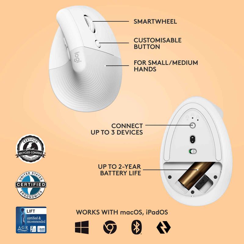 LOGITECH Logi Lift Vertical Ergonomic Mouse - Pale Grey(1y) 910-006480-image 6