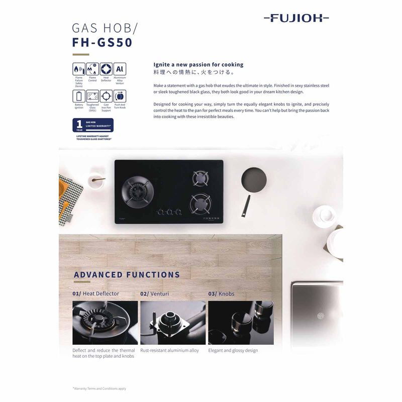 FUJIOH 88cm 3 Burners Gas Hob (lpg) - Glass (exclude Installation) FH-GS5030 SVGL LPG-image 2