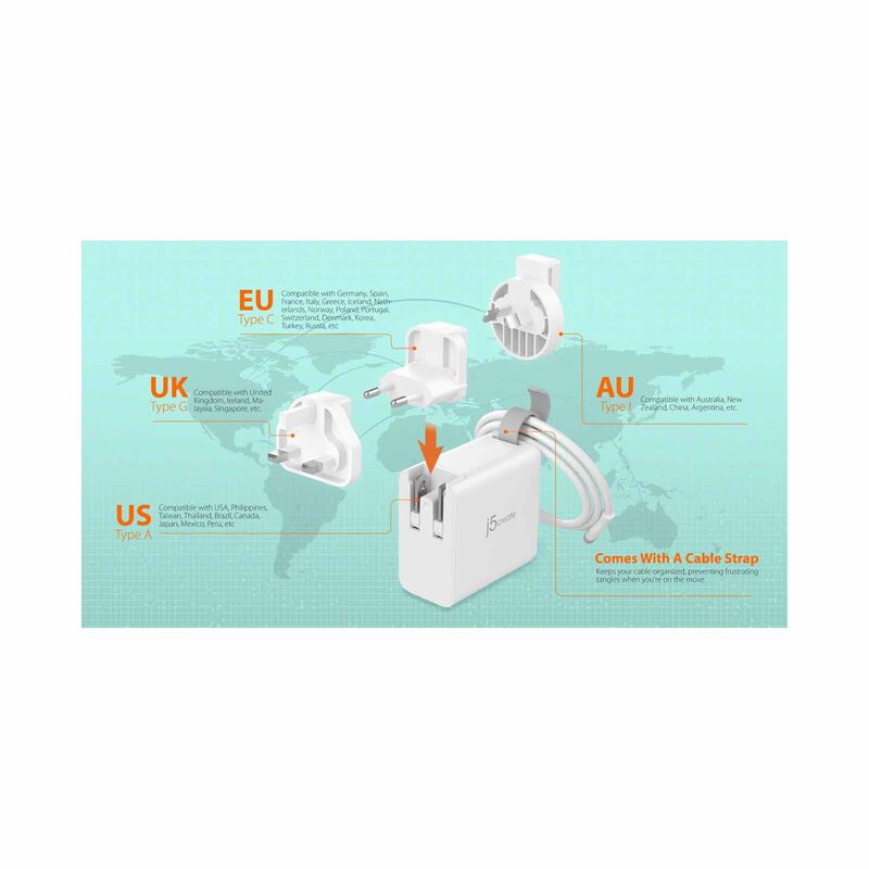 J5CREATE 65w Gan Usb-c 3-port Traveler Charger With Changeable Ac Plugs And Usb-c Cable JUP3565CV-image 4