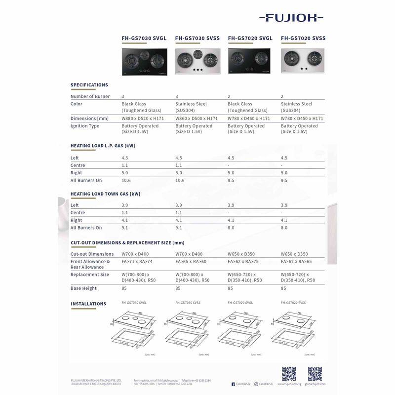 FUJIOH 88cm 3 Burners Gas Hob (tg) - Glass (exclude Installation) FH-GS7030 SVGL TG-image 3