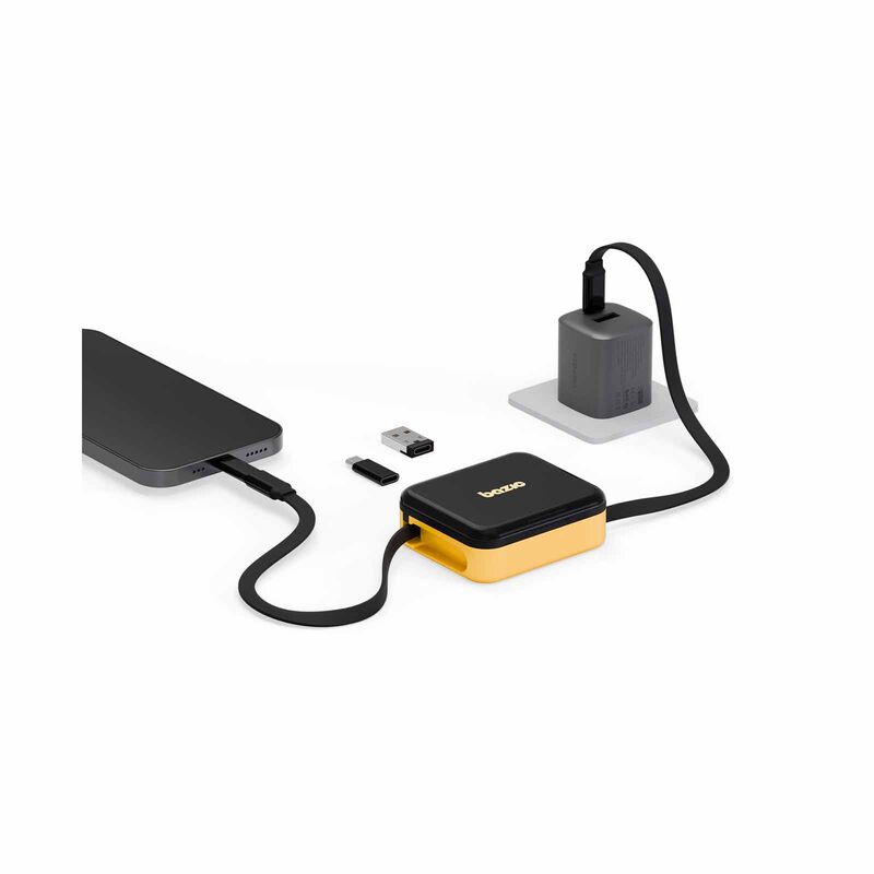 BAZIC Gocharge Loop, 5 In 1 Cable Kit With Swappable Usb A & Lighting Adapters, 1m Retractable Cable - Yel CBL-LOOP-YLW100-image 3