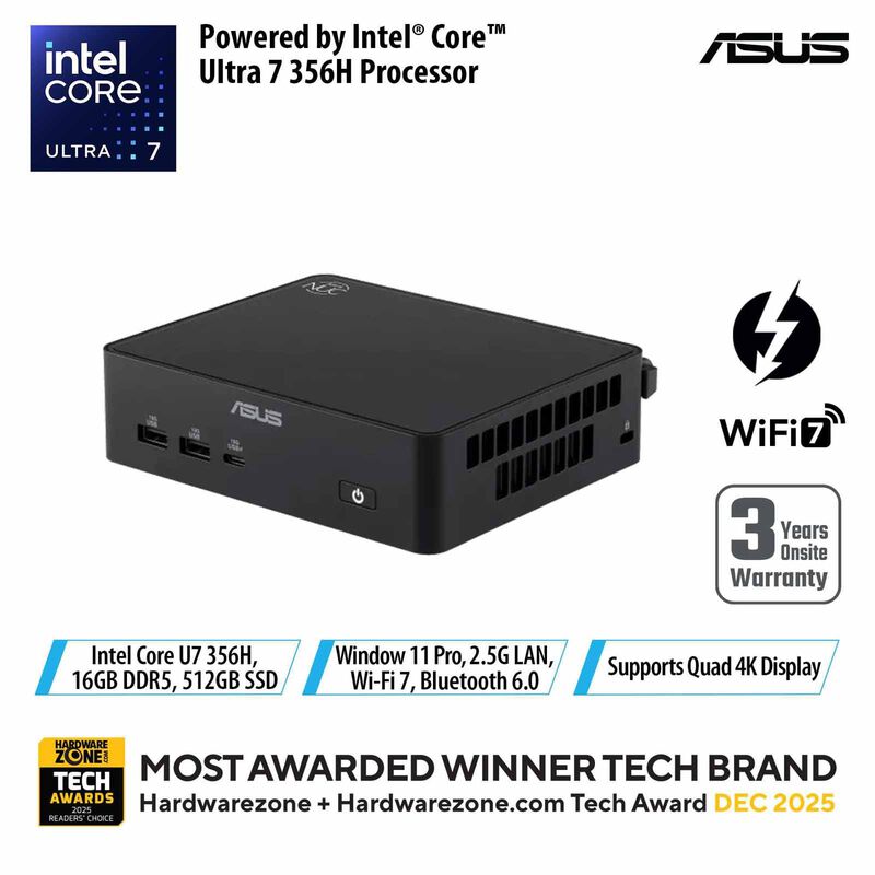 ASUS Nuc 16 Pro U7-356h 16gb 512gb Ssd Win 11 Pro Intel Graphics Black RNUC16GDKU7673N3-image 1