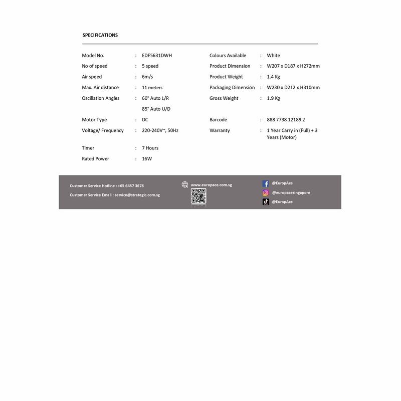 EUROPACE 6 In Dc Desk Fan EDF5631DWH-image 5