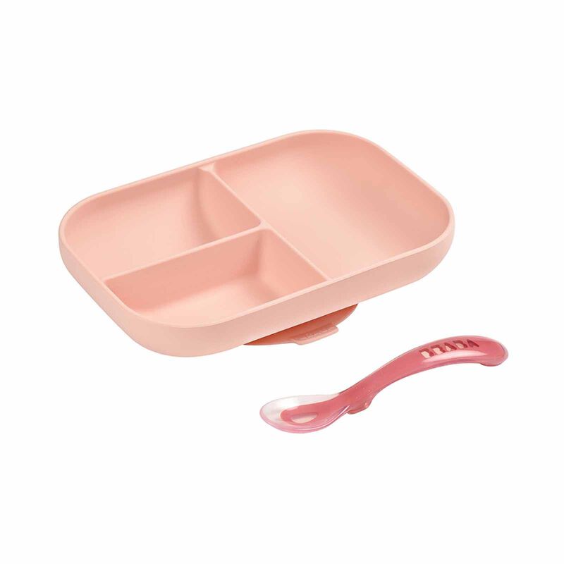 BEABA Suction Divided Plate & Spoon - Pink (online) SILICONE-image 1