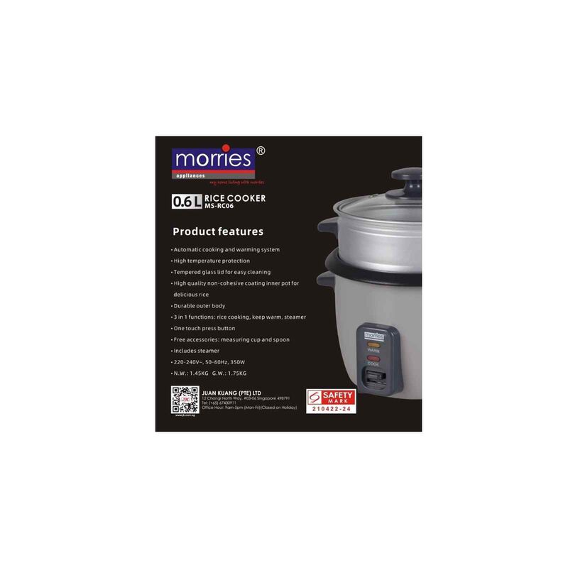 MORRIES Rice Cooker With Steamer (0.6l) MS-RC06-image 4