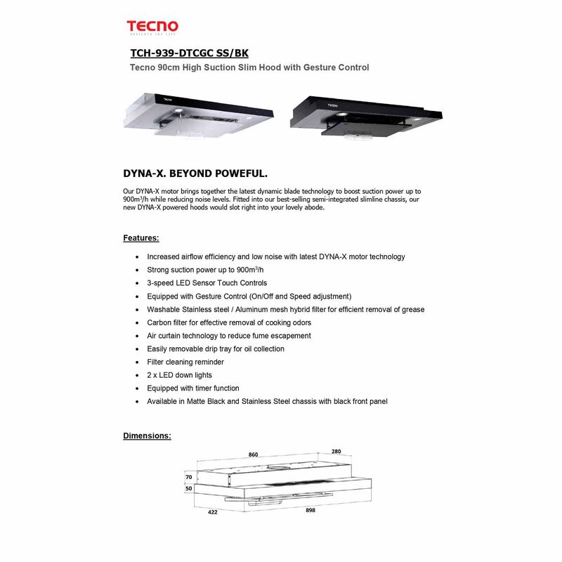 TECNO 90cm High Suction Power Slim Hood - Black (excluide Installation) TCH939-DTCGC-BK-image 2
