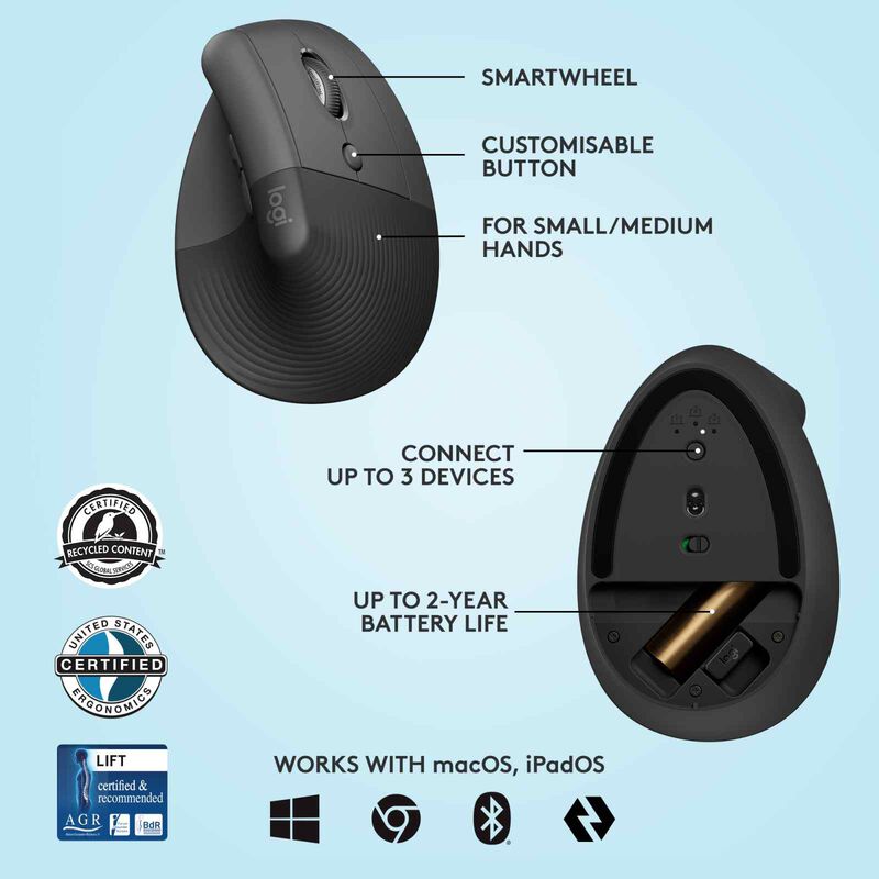 LOGITECH Logi Lift Vertical Ergonomic Mouse - Graphite (1y) 910-006479-image 6