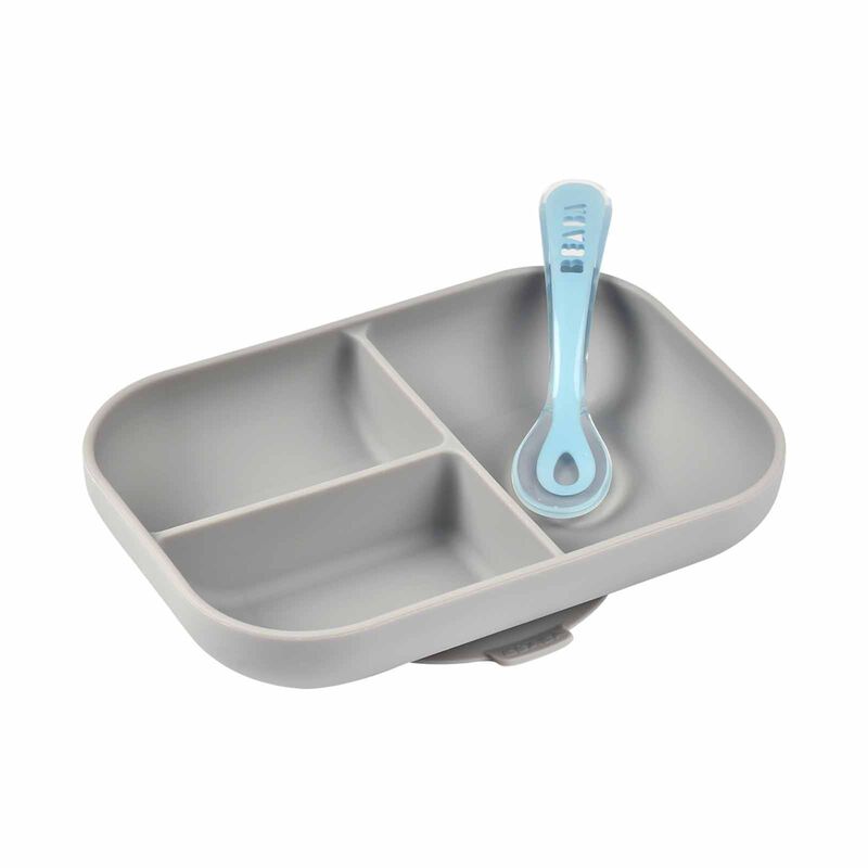 BEABA Suction Divided Plate & Spoon - Grey (online) SILICONE-image 2