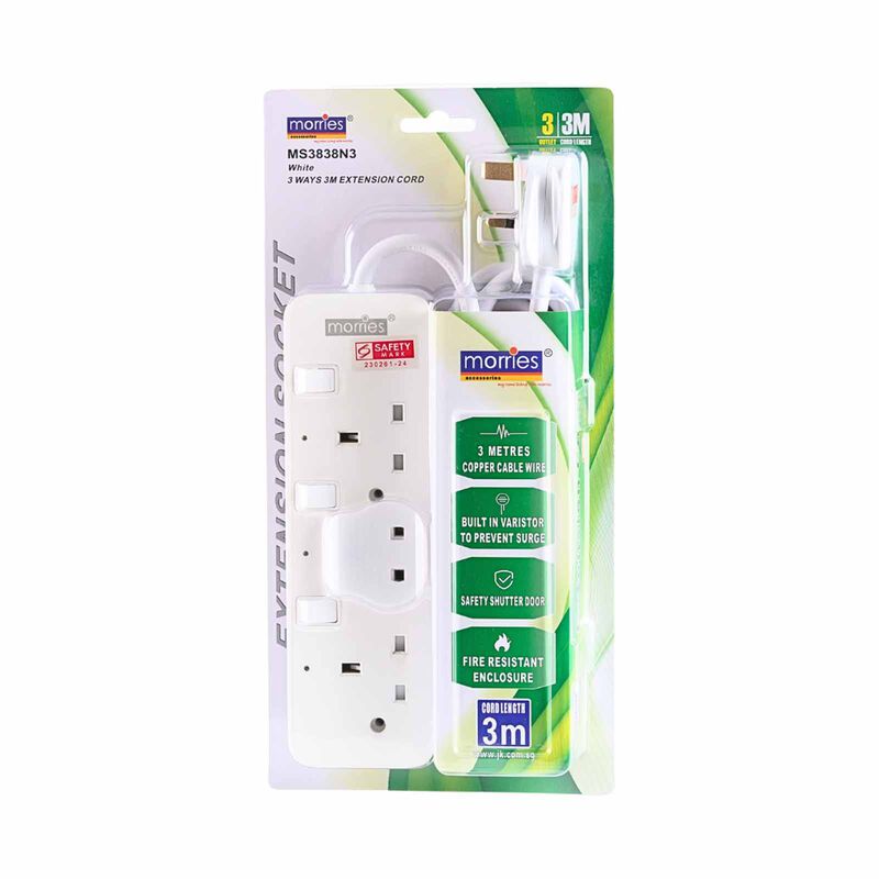MORRIES 3 Way 3m Extension Cord With Surge Protector White MS-3838N3/3M/WH-image 1