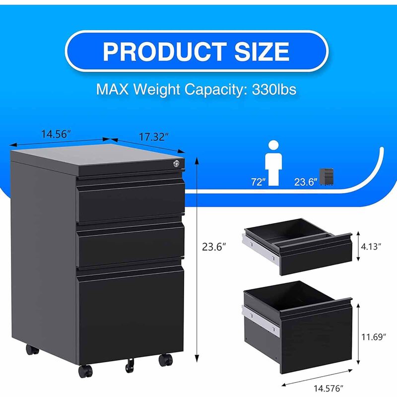 STEELCRAFT Filex 3 Drawer Mobile Pedestal Cabinet Black 37 X 44 X 60 H Cm FILEX-image 2