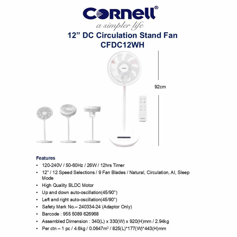CORNELL 12 In Dc Circulation Stand Fan W/remote Control CFDC12WH-image 5