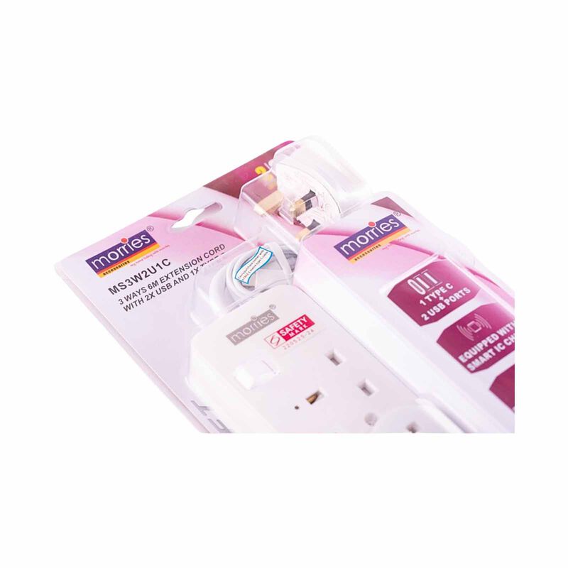 MORRIES 3 Way 6m Extension Cord (2 Usb And 1 Type C) MS-3W2U1C/6M/WH-image 2