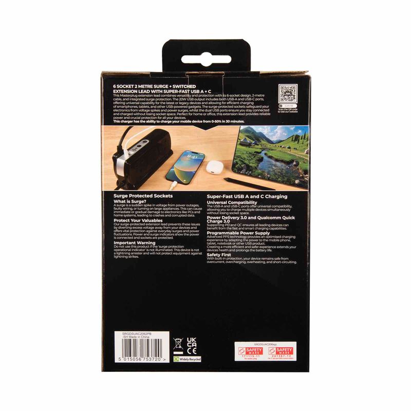MASTERPLUG 6 Socket 2m Surge+switched Extension W Usb A+c SRGDSUAC2062PB-image 7