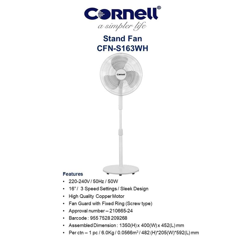 CORNELL 16 In Stand Fan -white CFNS163WH-image 4