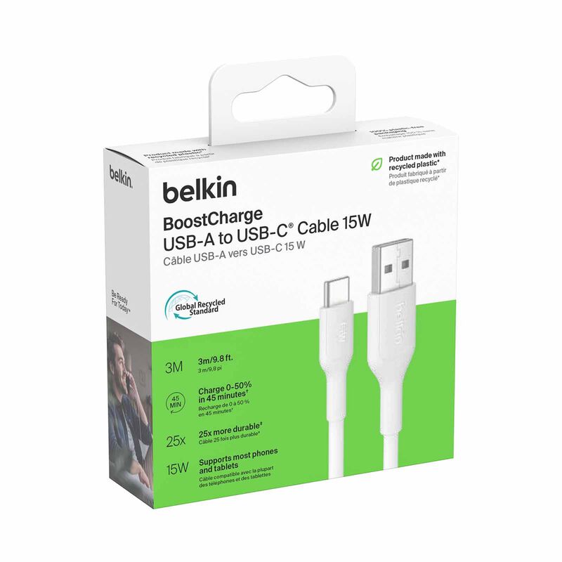 BELKIN Usb-a - Usb-c Cable 2.0, Pcr, 3m, White CAB021FQ3MWH-image 2