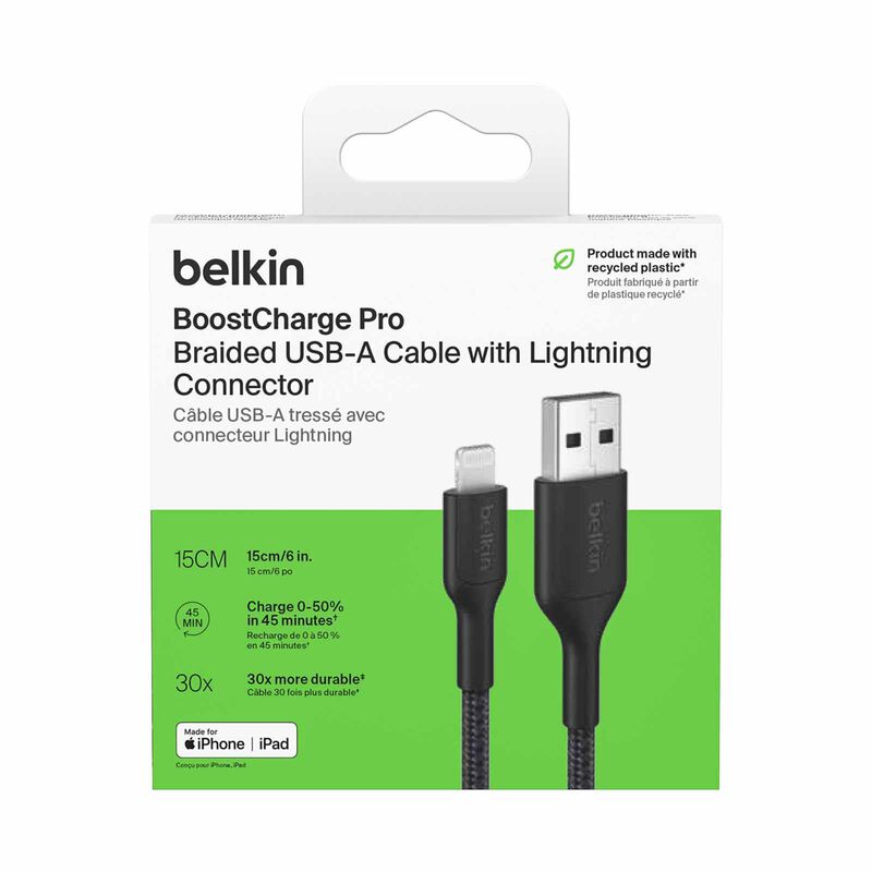 BELKIN Usb-a - Lightning Cable, Braided Pcr, 0.15m, Black CAA020FQ0MBK-image 4