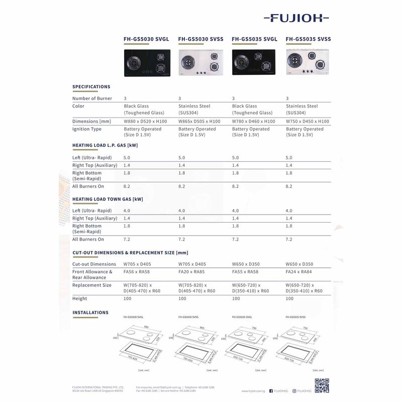 FUJIOH 88cm 3 Burners Gas Hob (tg) - Glass (exclude Installation) FH-GS5030 SVGL TG-image 3