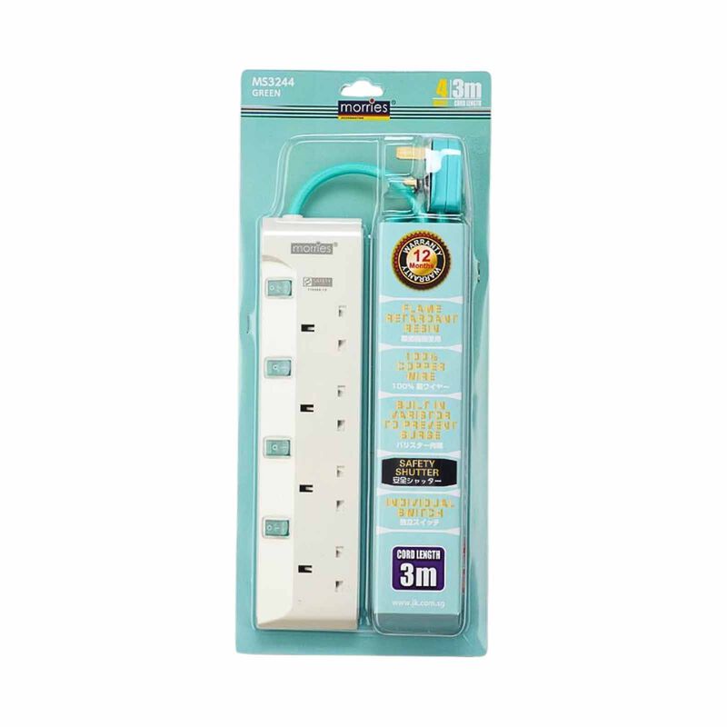 MORRIES 4 Way 3m Extension Cord W/surge Protector (green) MS-3244 (GREEN)-image 1
