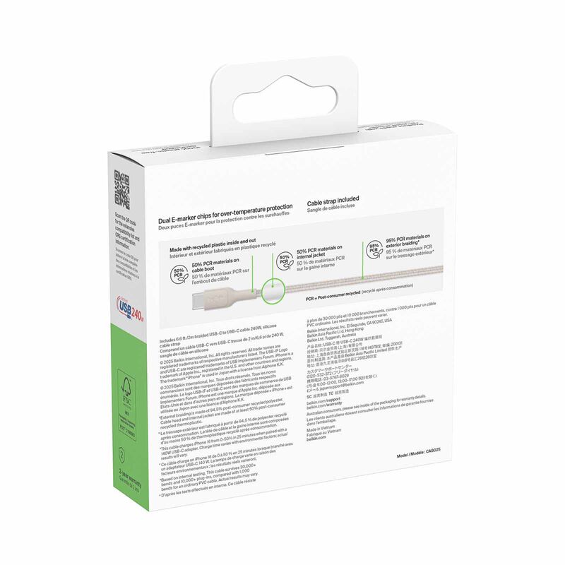 BELKIN Usb-c - Usb-c Cable 240w 2.0, Braided Pcr, 2m, Sand CAB025FQ2MSD-image 2
