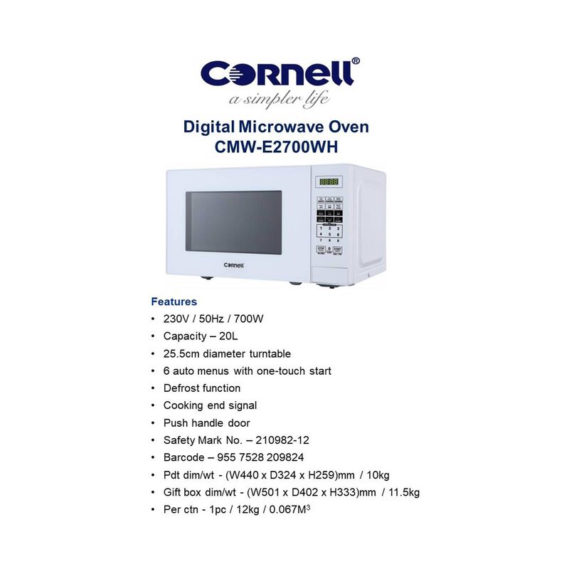 CORNELL Basic Microwave (20l) - White CMWE2700WH-image 6