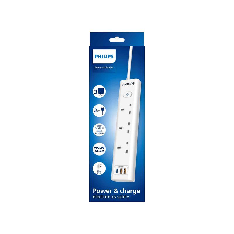 PHILIPS 3 Gang 13a Portable Socket Outlet Two Type A / C CHP8231WA/69-image 6