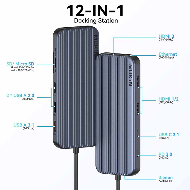 MOKIN 12 In 1 Usb-c Hub 3*hdmi 4k@60hz +1*usb-c 3.1 10gbps+1*usb A 3.1 10gbps+2*usb-a 2.0+1*sd/micro Sd Uh MK-MOUC3707-image 3