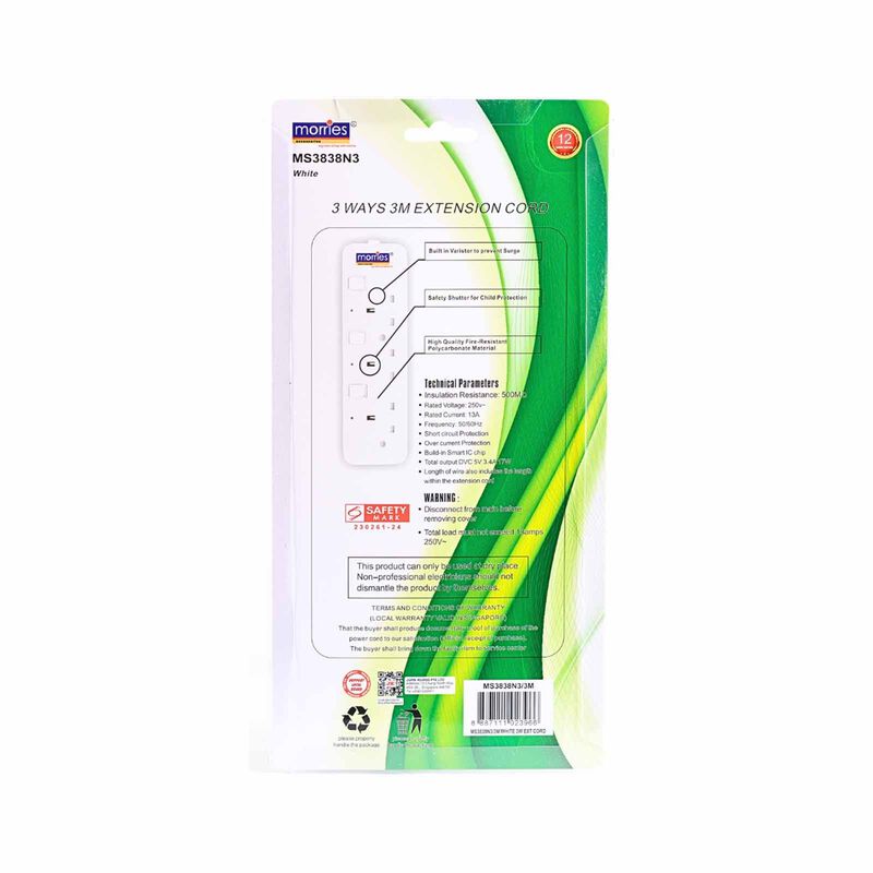MORRIES 3 Way 3m Extension Cord With Surge Protector White MS-3838N3/3M/WH-image 3