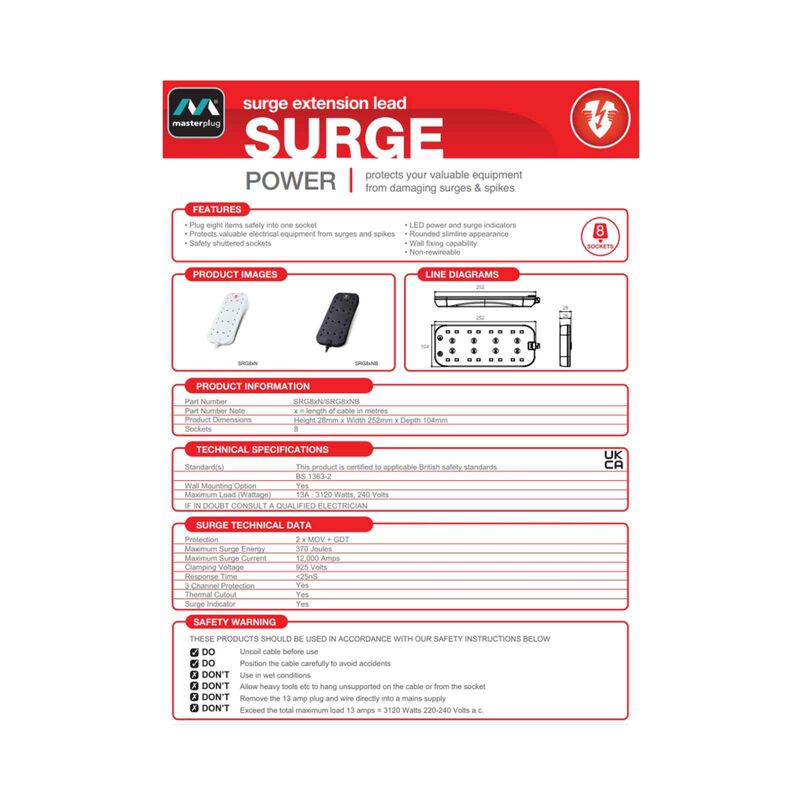 MASTERPLUG 13a 8 Socket Surge 2m Wh SRG82N-image 5