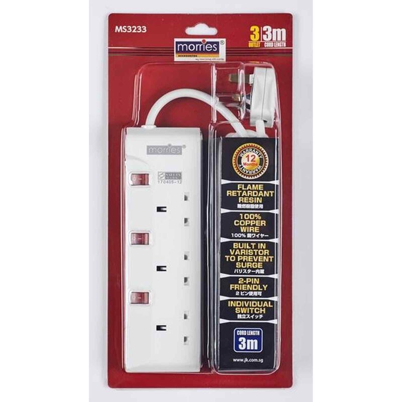 MORRIES 3 Way 3m Extension Cord W/surge Protector MS3233-3M-image 1