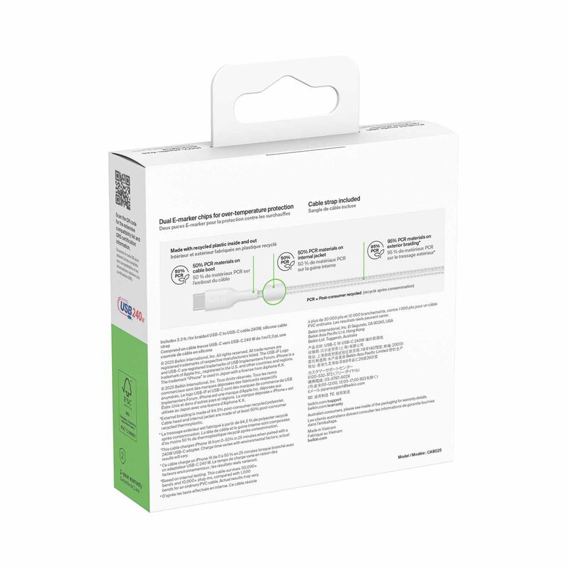 BELKIN Usb-c - Usb-c Cable 240w 2.0, Braided Pcr, 1m, White CAB025FQ1MWH-image 4