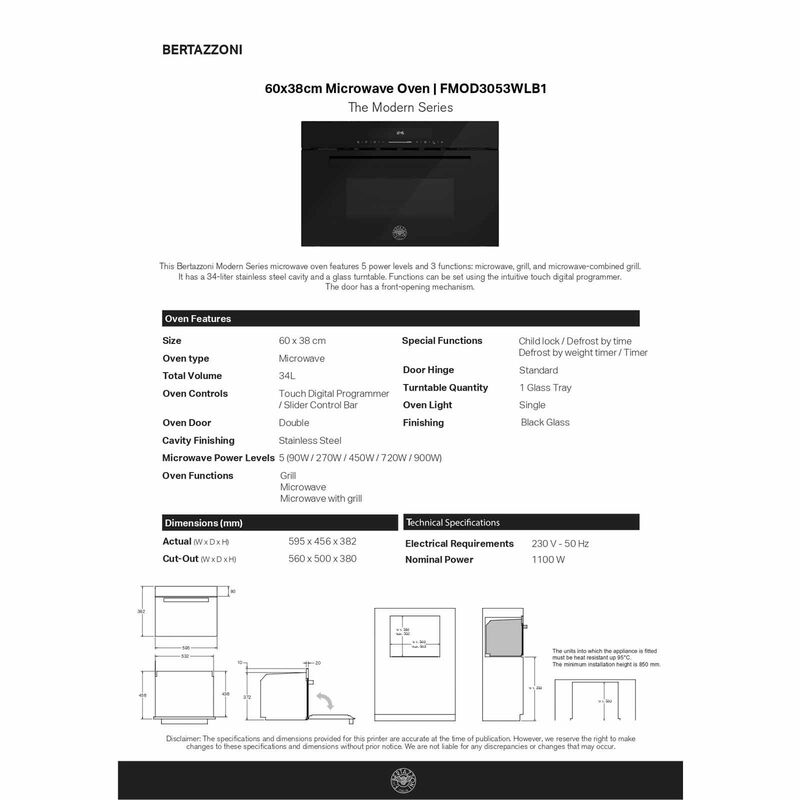 BERTAZZONI 60 X 38cm Built-in Microwave Oven (34l)/(black Glass Modern Series) FMOD3053WLB1-image 5