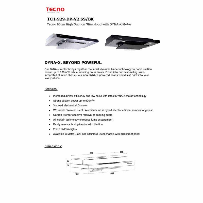 TECNO 90cm High Suction Power Slim Hood - Black (excluide Installation) TCH929-DP-V2-BK-image 2